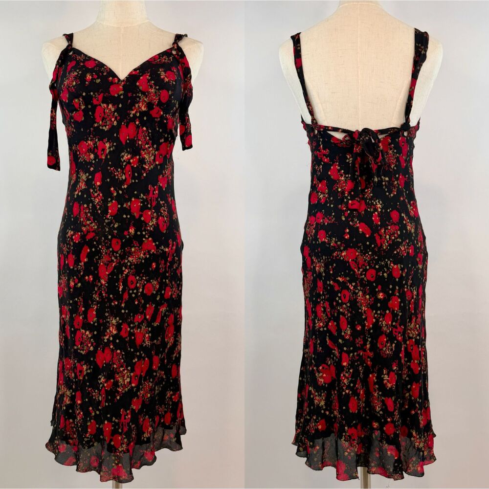 Moschino Vintage 90s 100% Silk Floral Midi Dress Black/Red Open Back RARE Size 6